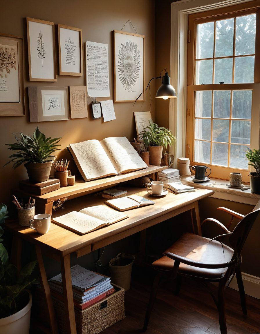 A serene and inviting workspace featuring a cozy desk with art supplies, a journal, and a steaming cup of tea, symbolizing self-improvement and creativity. Include an inspiring quote on the wall in beautiful typography. Soft natural light streams through a window, illuminating the scene. The atmosphere should evoke motivation and tranquility. super-realistic. warm colors. cozy vibe.