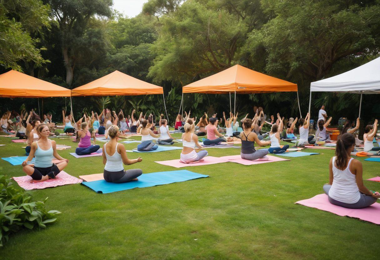 A vibrant community gathering in a serene outdoor setting, featuring diverse individuals engaging in wellness activities such as yoga, meditation, and holistic workshops. The atmosphere is warm and inviting, with lush greenery and colorful decorations, symbolizing unity and shared experiences. Include elements like wellness products and healthy food stalls to emphasize a lifestyle choice. The scene should radiate positivity and inclusivity. super-realistic. vibrant colors. natural background.